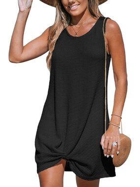 Womens Black Polyester Coverup Waffle Knit Beach Bathing Suit Coverup Sleeveless